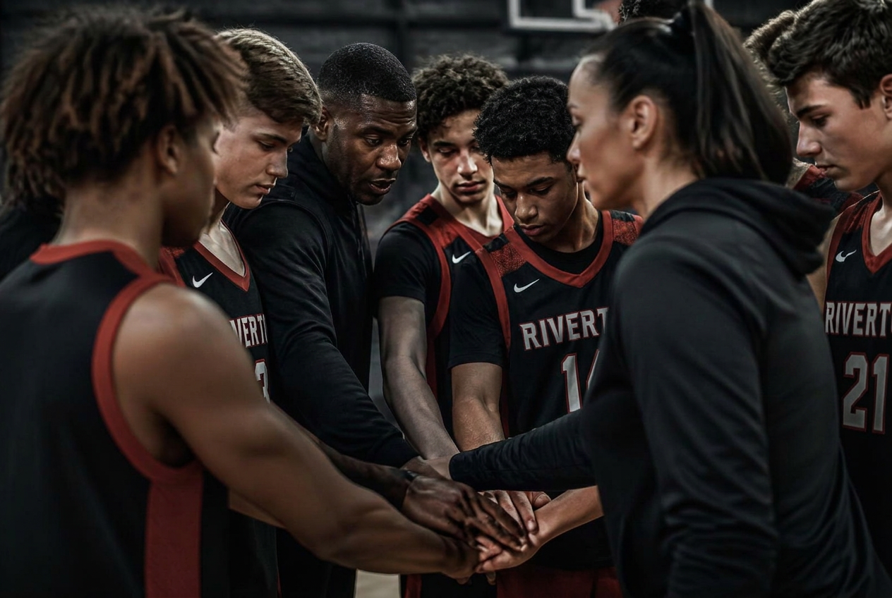 Riverton youth athletes in numbered Nike uniforms during a pre-game huddle
